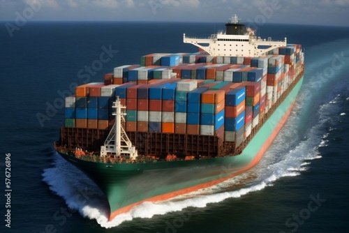 Fully loaded container ship cruising open ocean sea. Cargo ship carrying containers for import and export. Generative AI