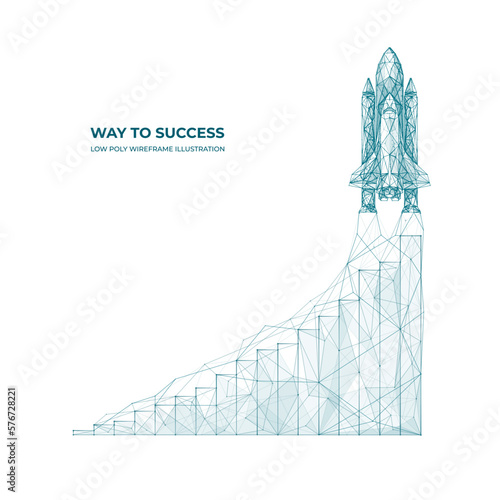 3D Space shuttle launch and growth chart. Abstract concept of rapid rapid growth or takeoff. Technology digital Vector illustration. Polygons and lines on white background.