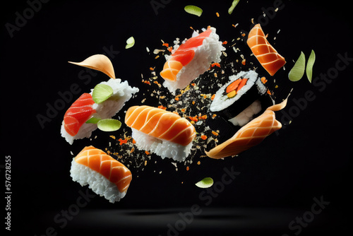 Sushi maki pieces flying in air, Japanese food on black background