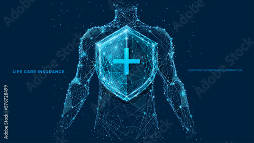 Abstract person body behind polygonal shield. Security shield with cross. Life care insurance. 3D wireframe vector illustration. Technology low poly medicine concept. Blue on dark blue background