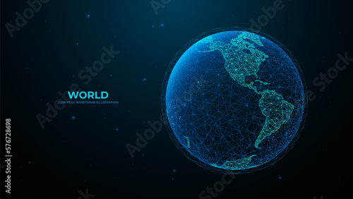 Western hemisphere. Abstract digital isolated Earth. Technology polygonal globe on dark background. Futuristic vector illustration. Sci fi blue planet.
