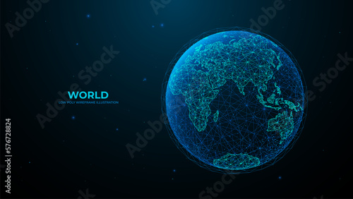 Eastern hemisphere. Abstract digital isolated Earth. Technology polygonal globe on dark background. Futuristic vector illustration. Sci fi blue planet.