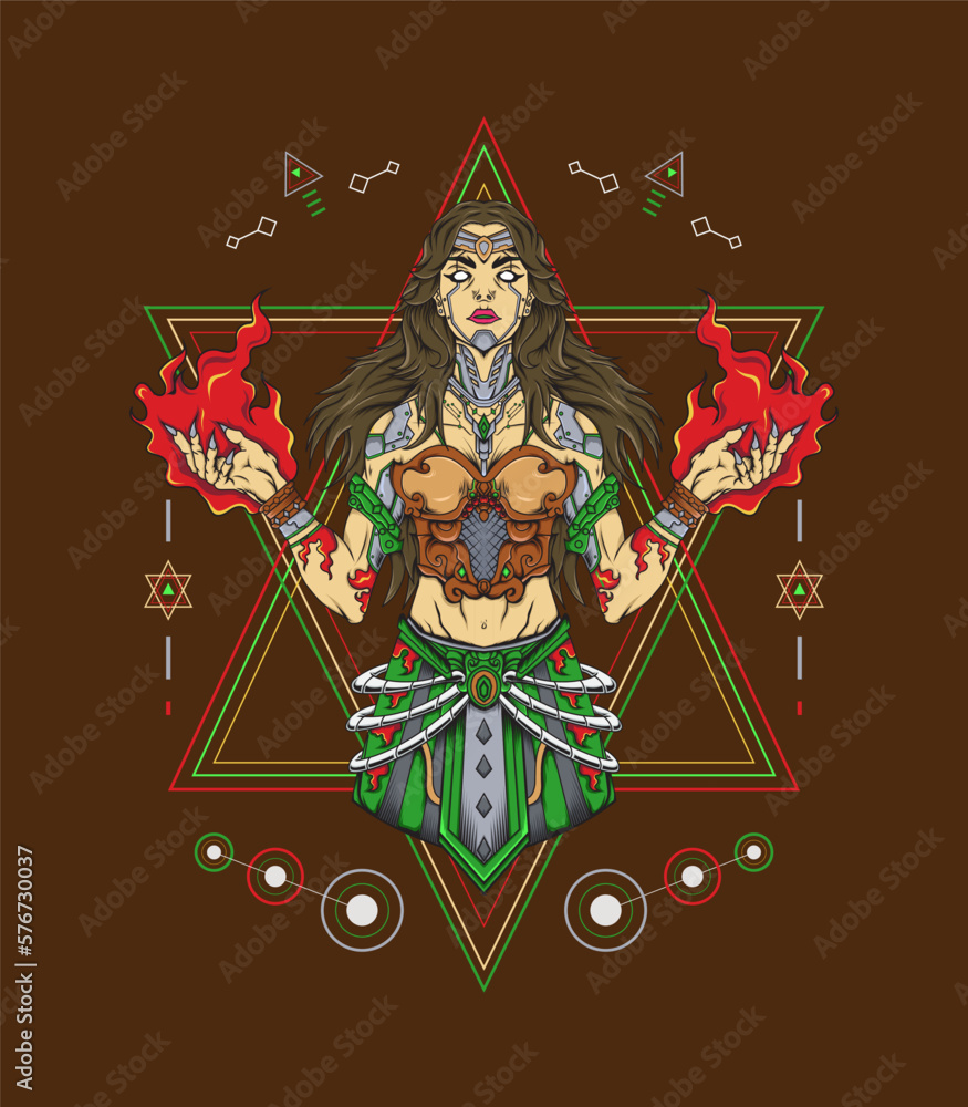 Witches art vector illustration with sacred geometry background
