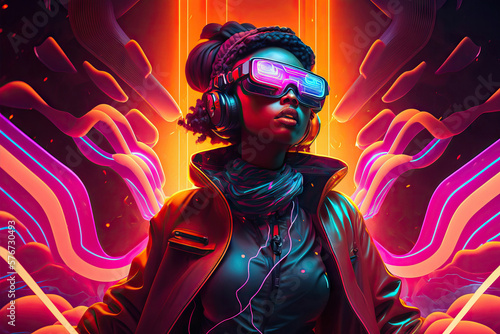 Generative AI illustration of black woman in VR headset with glowing colorful lights photo