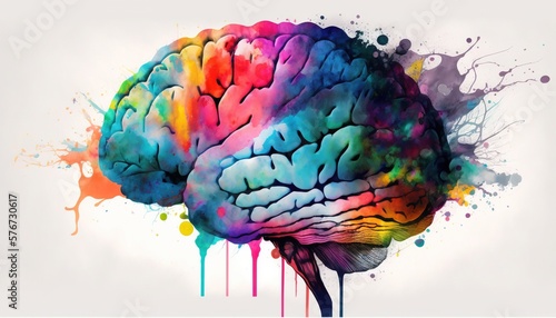 Brain illustration watercolor vivid colorful splashes style. Mental health awareness month generative ai