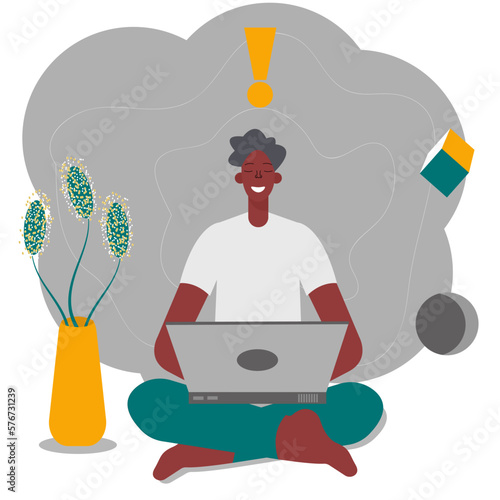 A dark-skinned man, a guy with bare feet sits with a laptop and comes up with ideas. All around are flowers and visualizations of thoughts.