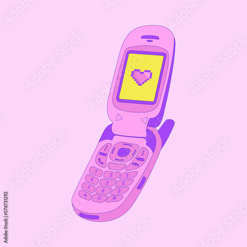 y2k old mobile, cell phone, trendy vector illustration, nostalgia for 90s 2000s, pixel heart