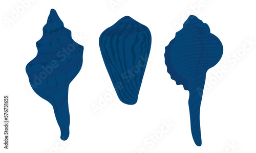 Seashells are a vector stock illustration. The inhabitants of the ocean. The marine element. Blue shells. Isolated on a white background.