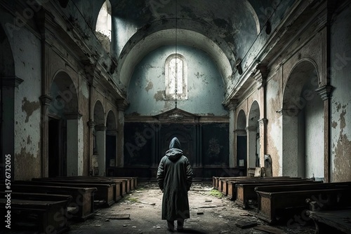 A Lone Figure in the Stillness of an Abandoned Church Generative AI