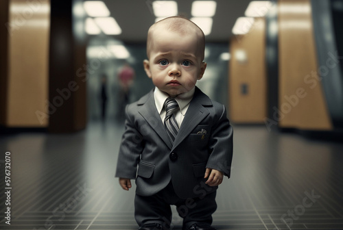 a nearly crying baby, a boy, a child in business outfit with suit. Generative AI