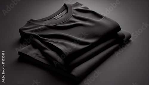Pile of black T-shirts isolated on black table background. Black Friday sale concept, copy space for text, generative ai 
