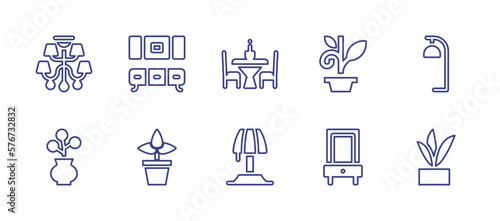Home decoration line icon set. Editable stroke. Vector illustration. Containing chandelier, cupboard, dining table, flowerpot, lamp, vase, house plants, table lamp, mirror, plant.