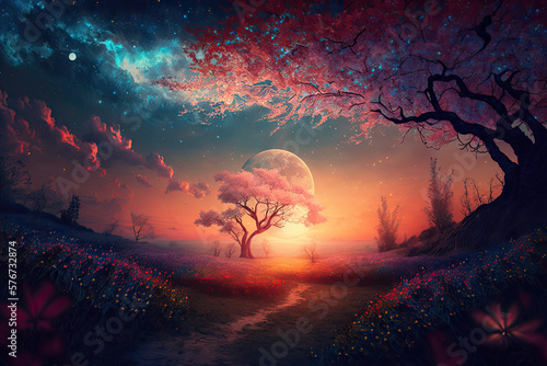 Beyond Our Galaxies and Into An Endless Possibilities: Witnessing the Magnificence of a Spring Fantasy Sunset Generative AI © pngking