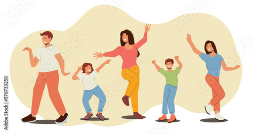 Happy Family Celebrate Home Party. Parents with Children Dance Isolated on White Background. Mom, Dad and Kids Characters Fun Sparetime, Leisure, Rejoice Together. Cartoon People Vector Illustration