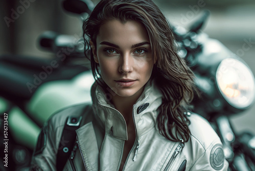 young woman in leather jacket outside with a motorbike. Generative AI