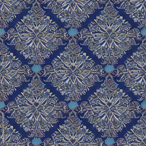 A wallpaper pattern with simple, graphically rhythmic texture and ornate graphic design in uniform blue colours. Ai-generated illustration. © Uldis
