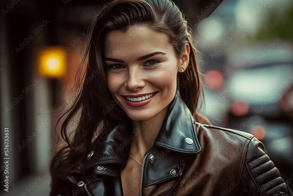 young woman in leather jacket outside on a street in a city. Generative AI young woman in leather jacket outside on a street in a city. Generative AI