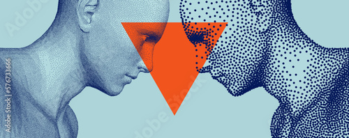 Two opponents facing each other. People talk face to face. Illustration of the communication between two humans. Mind reading concept. Battle with yourself. Vector in сoarse and fine style.