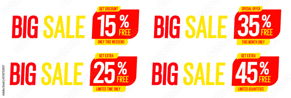 15%, 25%, 35%, 45%, 55%, 65%, 75%, 85%, 95%, Discount. Sale tags set vector badges template. Sale offer price sign. Special offer symbol. Discount promotion. Discount badge shape. 15%, 25%, 35%, 45%, 55%, 65%, 75%, 85%, 95%, Discount. Sale tags set vector badges template. Sale offer price sign. Special offer symbol. Discount promotion. Discount badge shape.