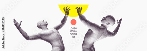 3D human body model. Art event invitation template. Two men reaching for sun. Sensing energy between peoples. Concept of human relation, togetherness, partnership, connection, contact or network.