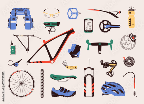 Flat design vector illustration of bicycle parts, components, spares and accessories. Set includes bike parts such as frame, fork, saddle, wheel, helmet, handlebar, glasses, clothes, and other.