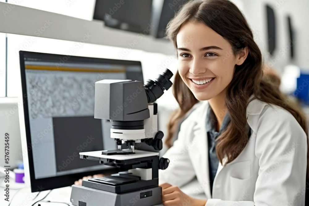 Young female scientist looking through a microscope in a laboratory doing research on finding medicine pharmacy cure vaccine. Generative AI Young female scientist looking through a microscope in a laboratory doing research on finding medicine pharmacy cure vaccine. Generative AI