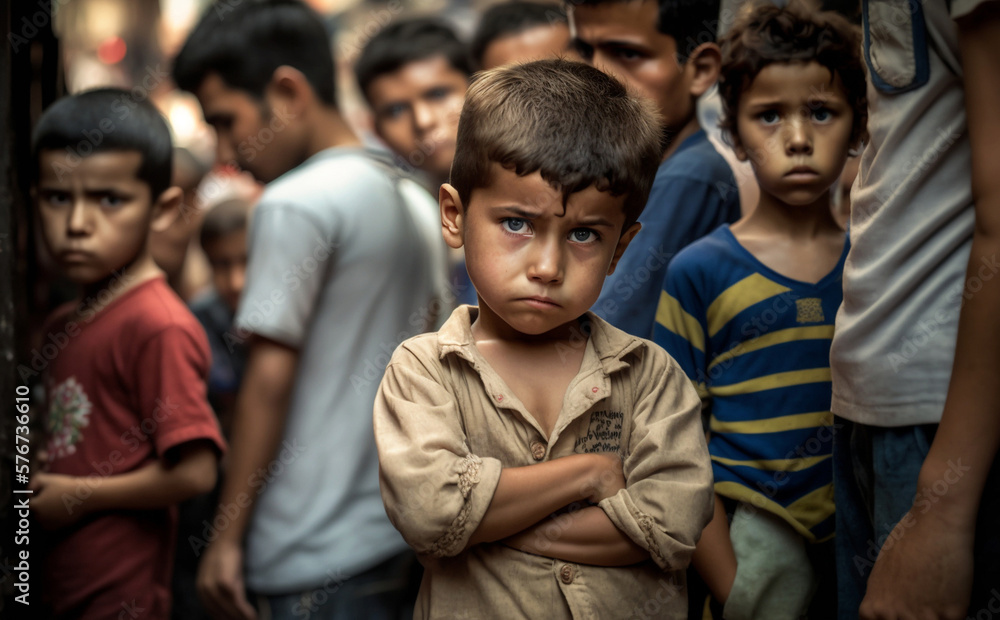 sad child, toddler, fictional problem, poverty or refugee, skepticism and helplessness. Generative AI sad child, toddler, fictional problem, poverty or refugee, skepticism and helplessness. Generative AI