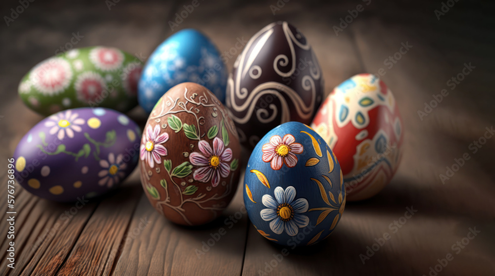 Easter eggs on wooden table, close up view. Hand painted eggs Easter decoration, Generative AI Easter eggs on wooden table, close up view. Hand painted eggs Easter decoration, Generative AI