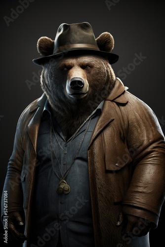 Bear boss in a hat and a leather jacket. Generative AI