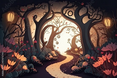 Path of Great Danger. Trail of glowing flowers and shadow trees lead through an eerie fairy forest with arches and otherworldly magic. (Electronic Greeting Card, Invitation, Postcard, Fantasy Science