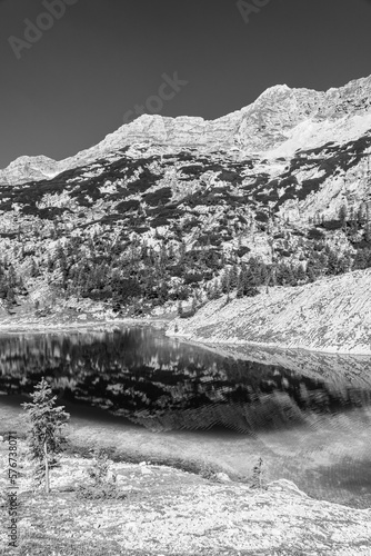 Veliko Lake in the valley of the seven lakes in Triglav National Park, Julian Alps, Slovenia in black and white