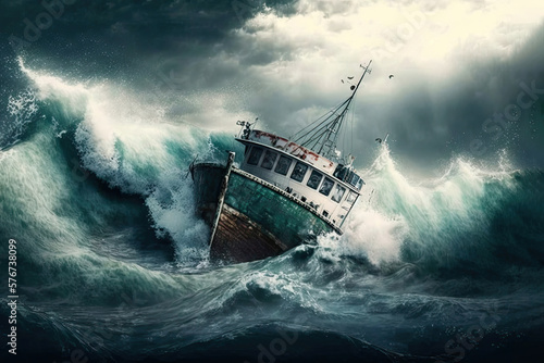 Boat Tragically Capsizes in Fierce Storm, Leaving Unknown Fate of Passengers Stranded at Sea. Generative AI