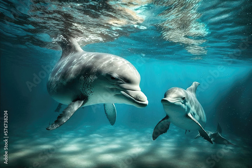 Adorable Sight A Momma Dolphin Bottlenose Swimming with her Little Cub Under the Sea. Generative AI