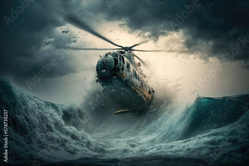 Helicopter Sinks to the Ocean Floor During Perilous Storm, Ship Lost at Sea. Generative AI photo