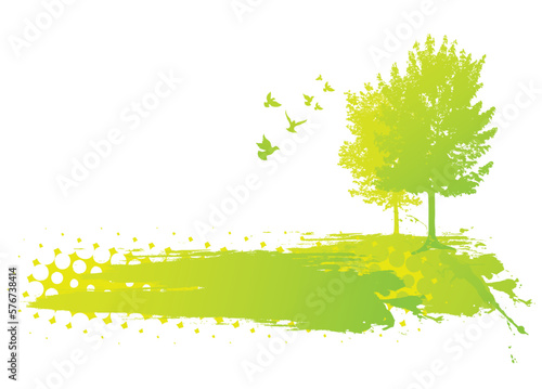 Horizontal Green Nature Landscape with flying pigeons