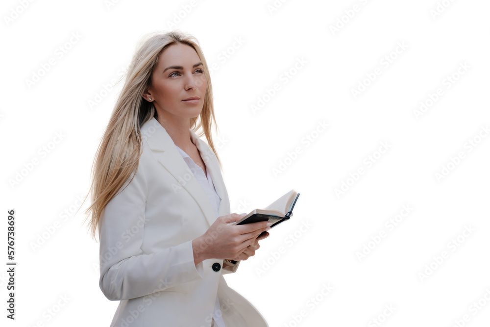 Thoughtful young adult businesswoman holding diary dressed in white suit looks up, makes decision against transparent background. Successful female lawyer goes to court. Pensive lady in hesitation Thoughtful young adult businesswoman holding diary dressed in white suit looks up, makes decision against transparent background. Successful female lawyer goes to court. Pensive lady in hesitation