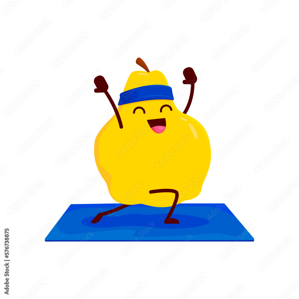 Fototapeta premium Cartoon quince character on yoga or pilates fitness sport. Vector ripe fruit on stretching practice, funny comic personage in yogi pose partaking in wellness class standing on mat with raised arms