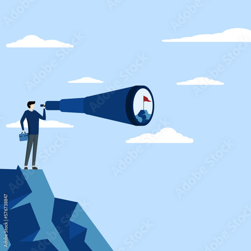 motivation for success, challenge and determination to win concept, Ambition to aim high and achieve business goals, ambitious businessman looking through telescope for mountain peak target.