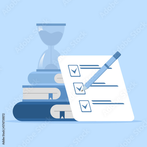 Exam preparation concept, school exam, exam concept, checklist and hourglass, choose answer, questionnaire form, education, school exam, vector flat illustration