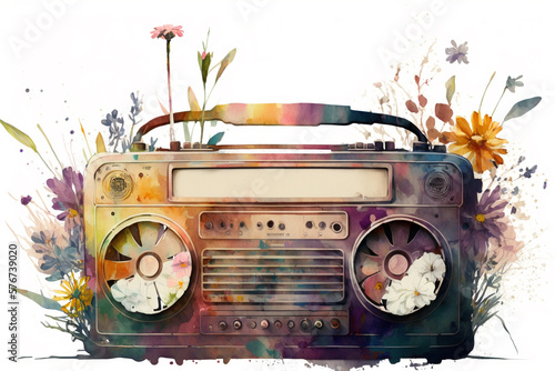 Vintage radio with flowers in watercolor style. Generative AI. photo