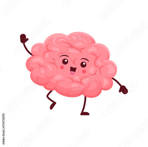 Cartoon brain human body organ character. Happy healthy vector personage with smiling face. Isolated marrow waving hand with gladness emotion. Anatomy medicine, funny positive friendly pericranium photo