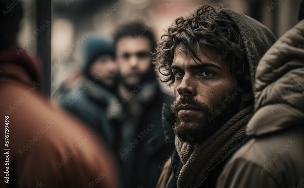 refugees homeless and in poverty, alone and discouraged and sad in a gloomy, desolate environment with many other people, crowds and problems. Generative AI refugees homeless and in poverty, alone and discouraged and sad in a gloomy, desolate environment with many other people, crowds and problems. Generative AI