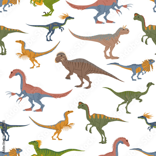Fototapeta Naklejka Na Ścianę i Meble -  Cartoon dinosaur characters vector seamless pattern. Prehistoric dino monsters background. Dinosaur animals, funny velociraptor, oviraptor, dilophosaurus and carnotaurus, kompi and patchi backdrop