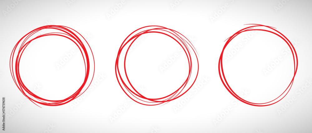Red circle line hand drawn set. Highlight hand drawing circle isolated on background. Round handwritten circle. For marking text, note, mark icon, number, marker pen, pencil and text check, vector