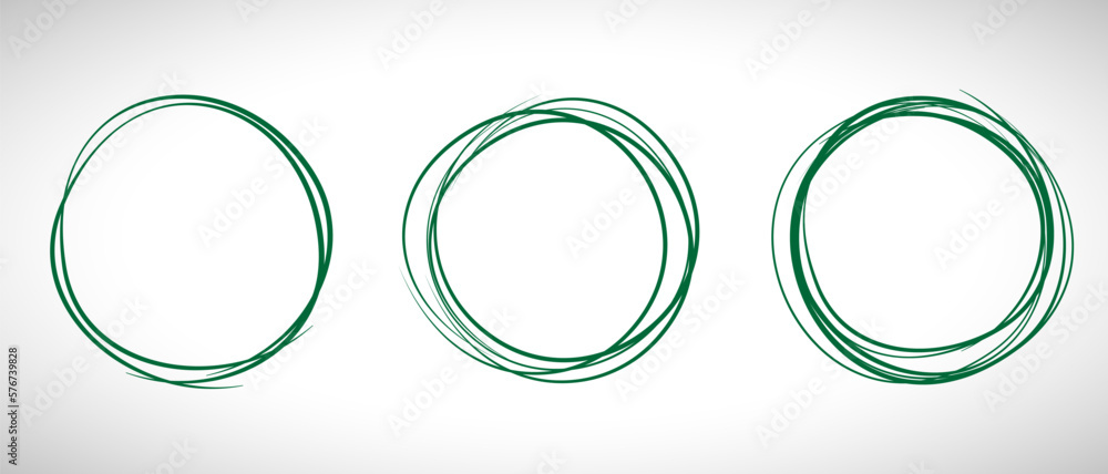 Green circle line hand drawn set. Highlight hand drawing circle isolated on background. Round handwritten circle. For marking text, note, mark icon, number, marker pen, pencil and text check, vector Green circle line hand drawn set. Highlight hand drawing circle isolated on background. Round handwritten circle. For marking text, note, mark icon, number, marker pen, pencil and text check, vector