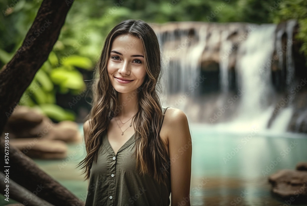 young woman with hat and green summer shirt at a tropical waterfall, fictional place. Generative AI