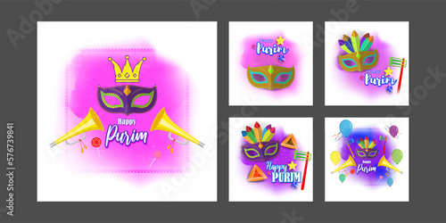 Vector illustration of Happy Purim social media story feed set mockup template