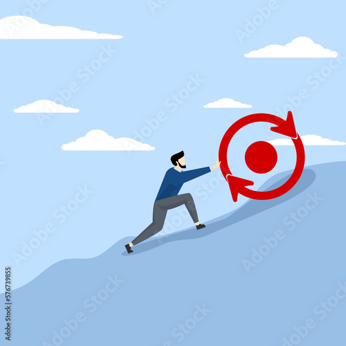 Consistency key concept for success, business strategy for repeatedly getting work done, career growth concept, businessman pushing consistency circle symbol up hill with full effort.