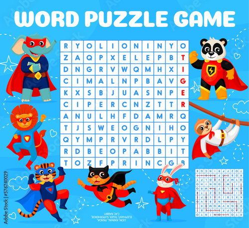 Word search puzzle game. Superhero cartoon animal characters vector worksheet of riddle quiz or find word game. Kids puzzle with funny cat, lion, bunny, panda and elephant in super hero masks, capes