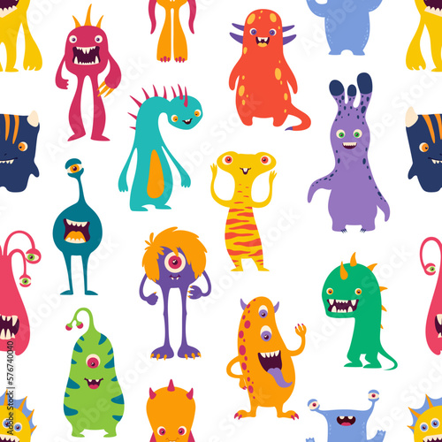 Cartoon funny monsters seamless pattern. Cute aliens, Halloween ghosts and space beasts vector background, happy monster characters with cheerful smiles, scary eyes and horns, color fur and tongues